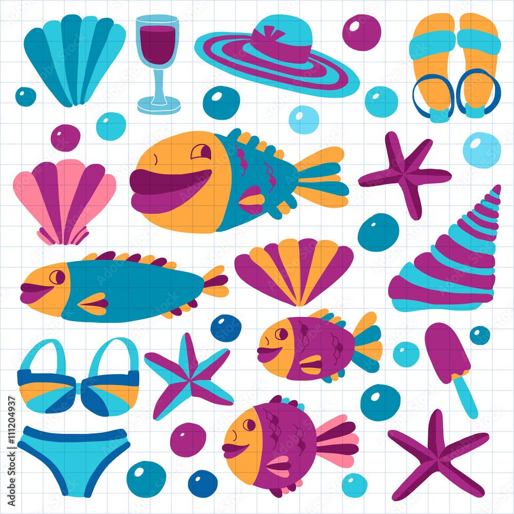 Vector flat hand drawn icons Beach and tropical vacation Vector flat hand drawn icons Beach and tropical vacation