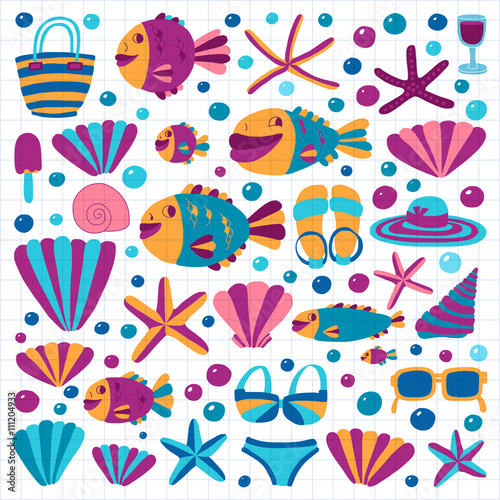 Vector flat hand drawn icons Beach and tropical vacation