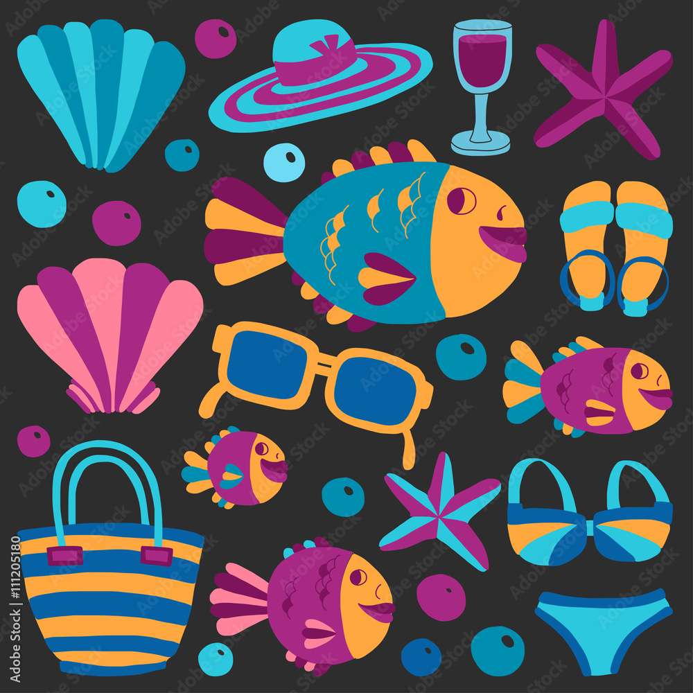 Vector flat hand drawn icons Beach and tropical vacation Vector flat hand drawn icons Beach and tropical vacation