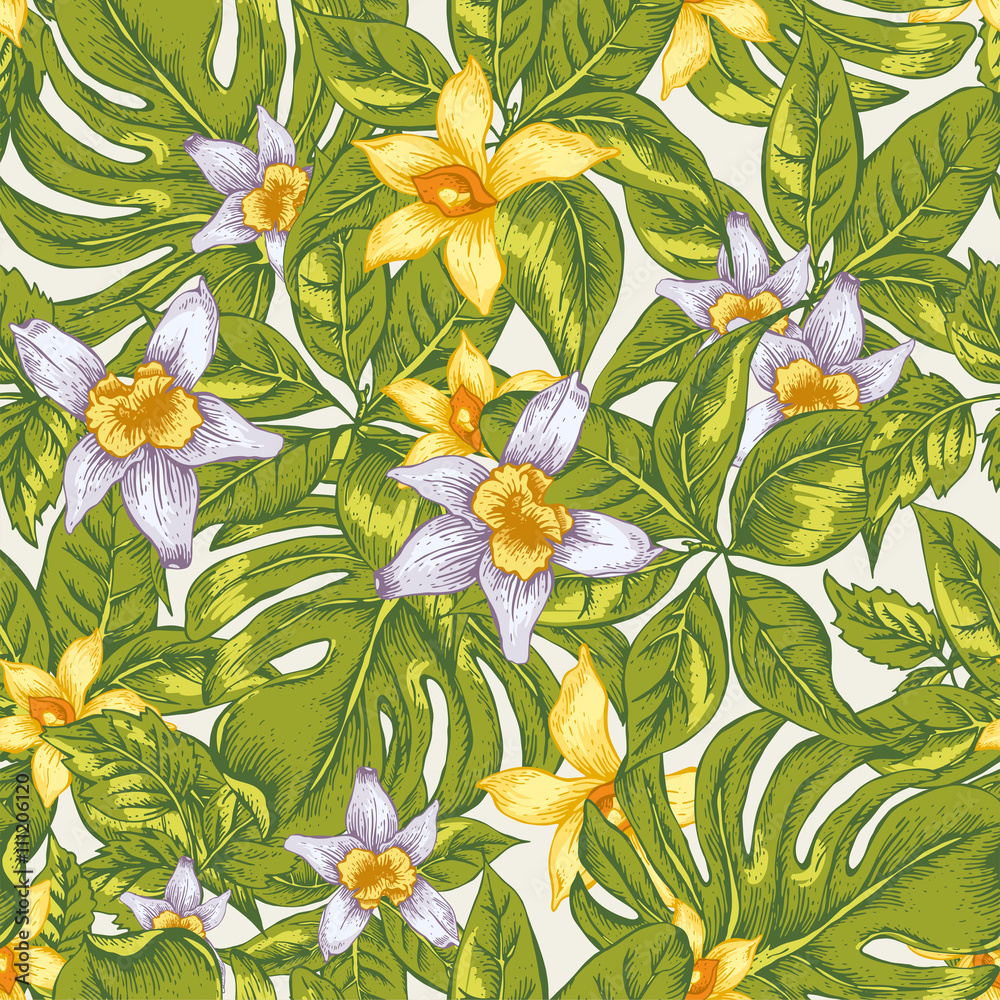 Natural floral leaves exotic vector seamless pattern Natural floral leaves exotic vector seamless pattern