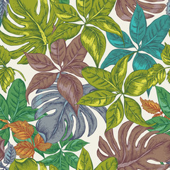 Vintage Seamless Exotic Background with Tropical Leaves