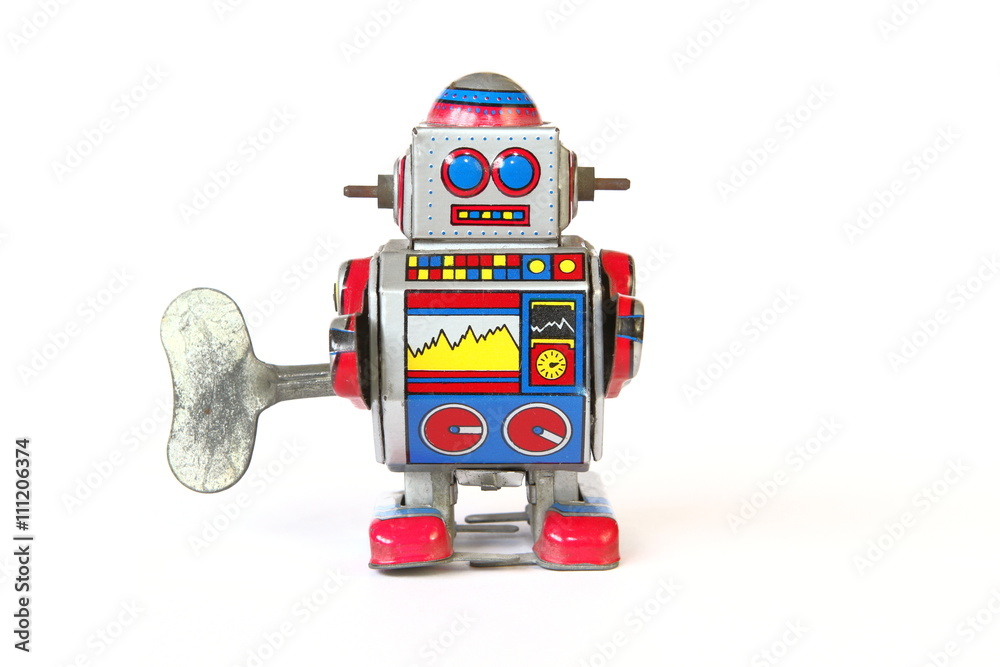 isolated vintage tin robot toy, straight face with key on white background  Stock Photo | Adobe Stock