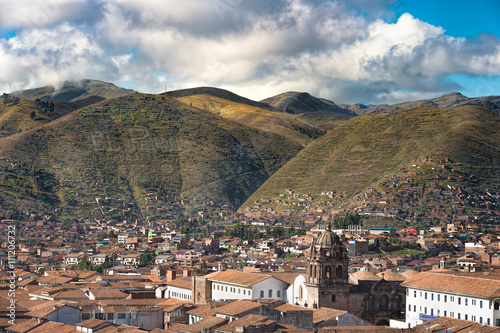 Cusco city view with Spanish word " Viva El Peru " meaning is Pe