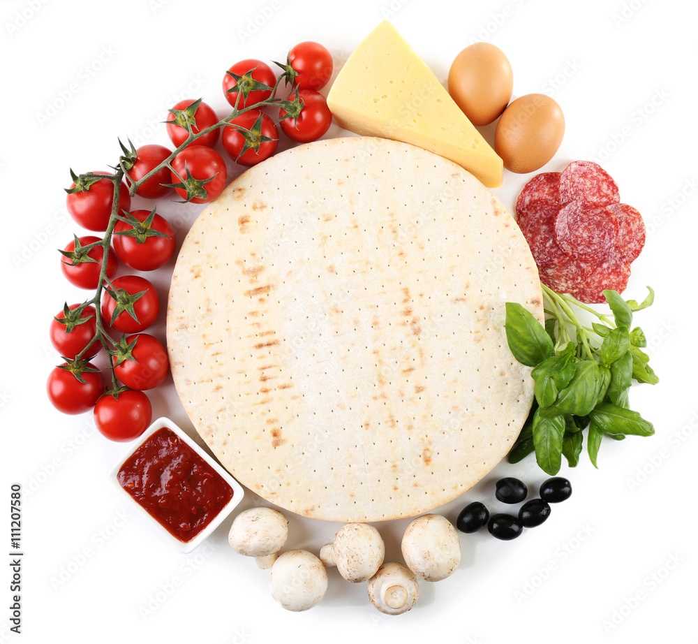 Ingredients for cooking pizza isolated on white Ingredients for cooking pizza isolated on white