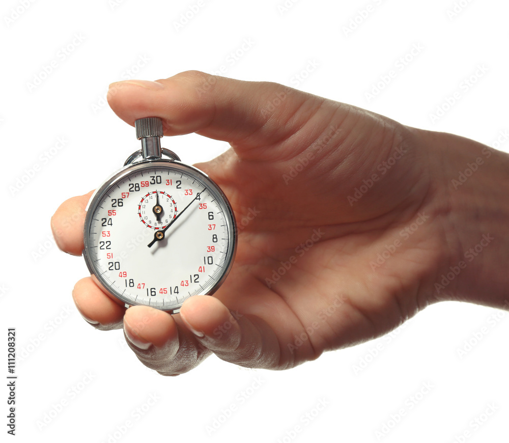Stopwatch in hand isolated on white, close up Stopwatch in hand isolated on white, close up