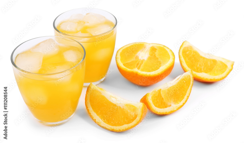 Iced orange drink with fresh pieces isolated on white Iced orange drink with fresh pieces isolated on white