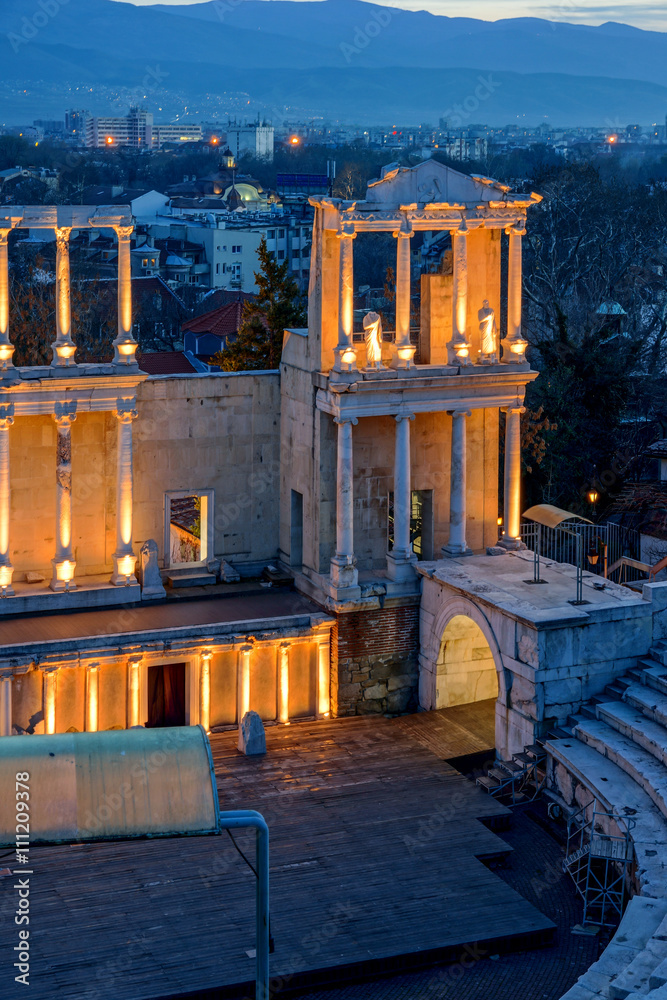 Night view of Ancient Roman theatre in city of Plovdiv, Bulgaria