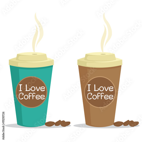 Paper Coffee Cup With Coffee Beans And I Love Coffee Text