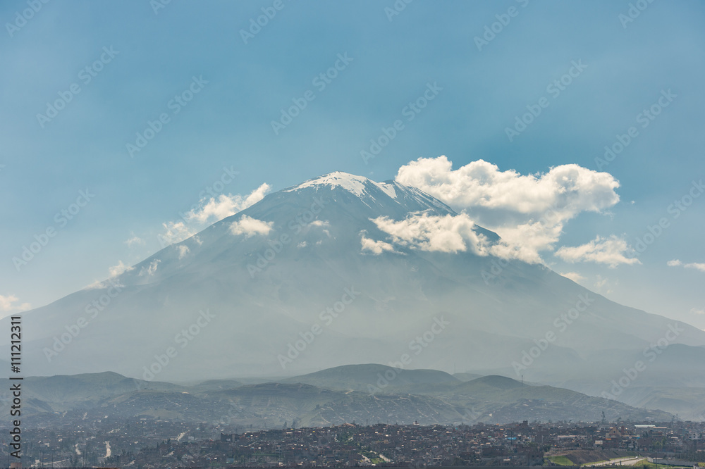 Foggy View of the Misty Volcano in Arequipa, Peru..
