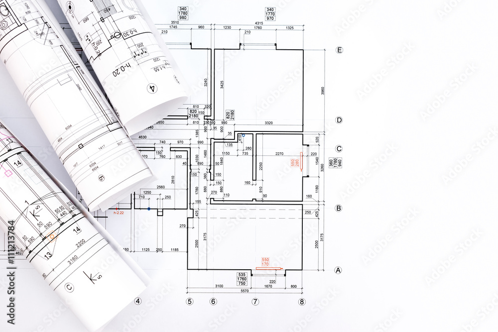 architectural project, blueprint rolls on plan architectural project, blueprint rolls on plan