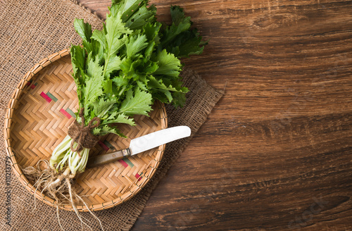 mizuna vegetation in basket photo