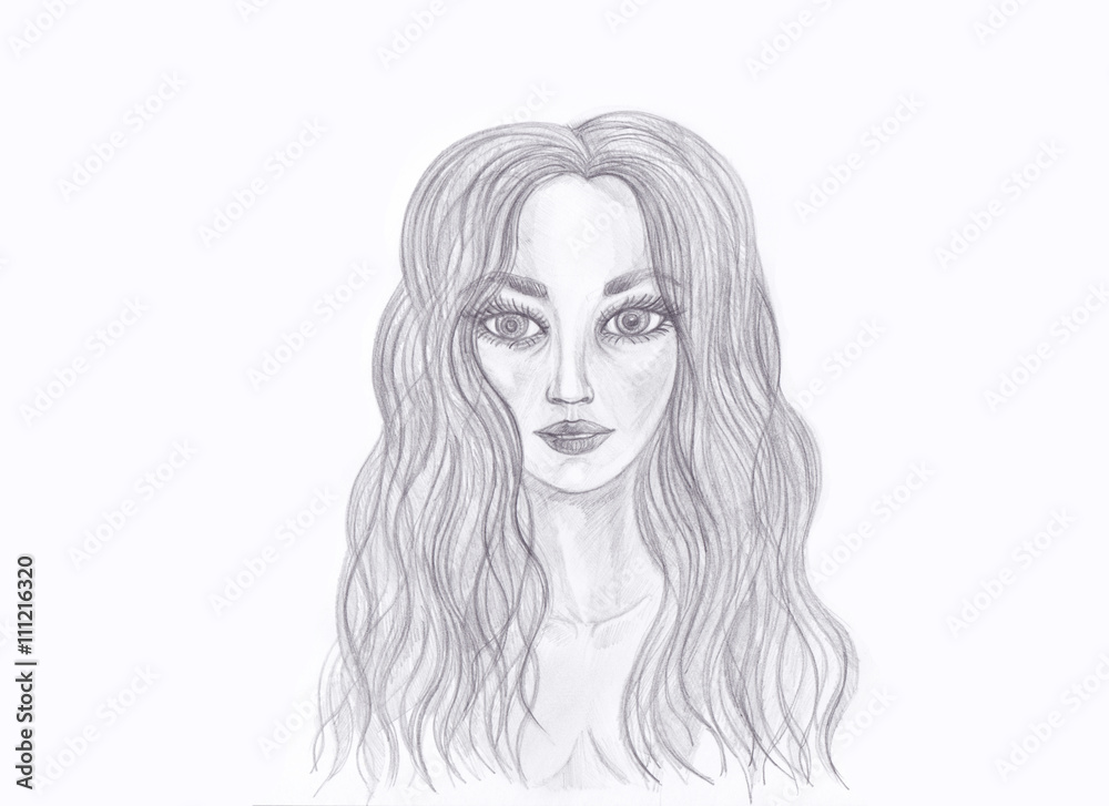 Portrait of a beautiful girl. Drawn in pencil. Isolated Portrait of a beautiful girl. Drawn in pencil. Isolated
