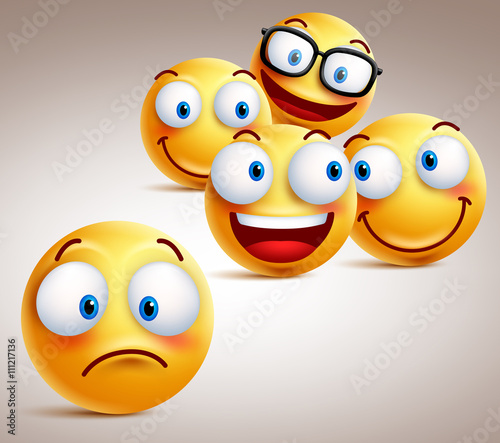 Lonely smiley face vector character concept with group of funny faces of friends at the back. 3D realistic vector illustration
