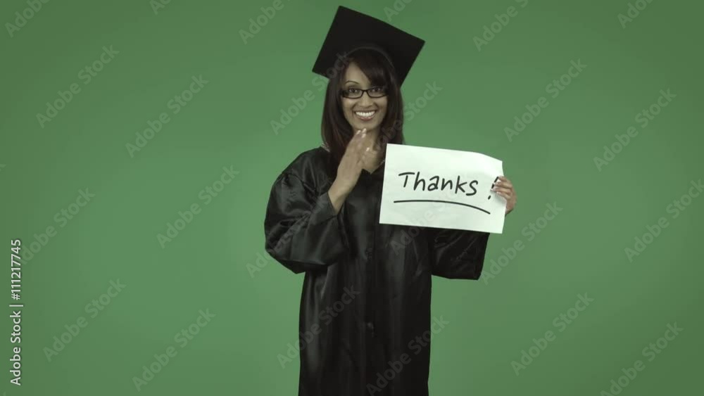 adult student graduate isolated on green with thanks sign adult student graduate isolated on green with thanks sign