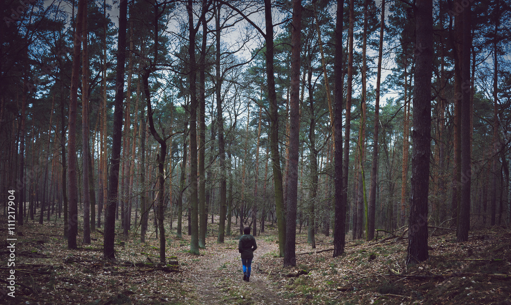 loner man walking in forest loner man walking in forest