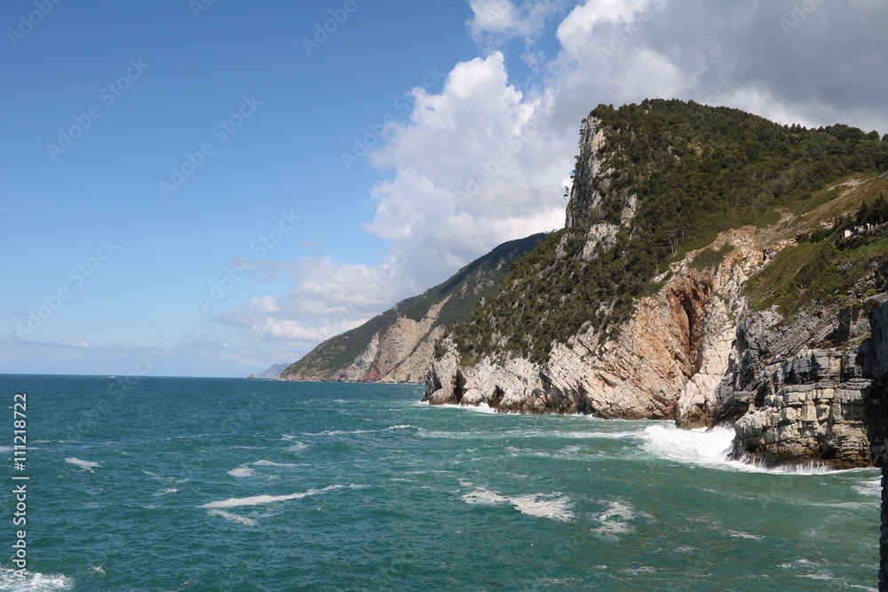 Steep coastal scenery of Porto Venere at Mediterranean Sea in Italy 