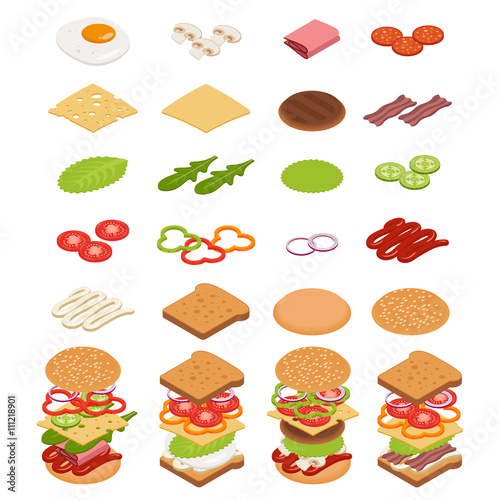 Isometric ingredients for burgers and sandwiches.