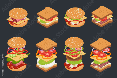 Vector set of isometric burgers and sandwiches.