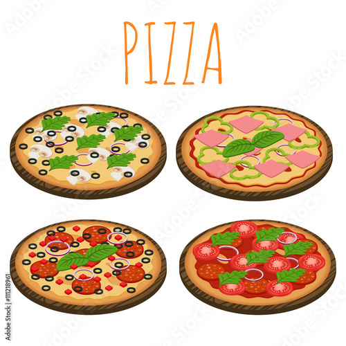 Vector set of isometric pizzas isolated on white background.