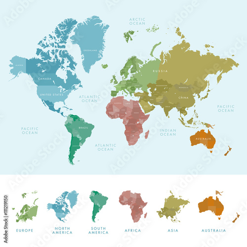 Continents and countries on the world map marked. Colored highly detailed world map. Vector illustration