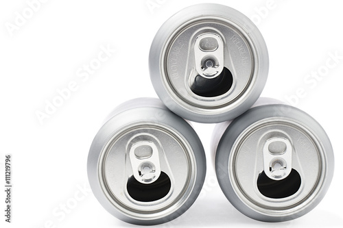 three empty cans displayed on white.