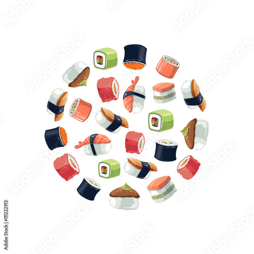 Sushi rolls flat food. background vector picture of round shape