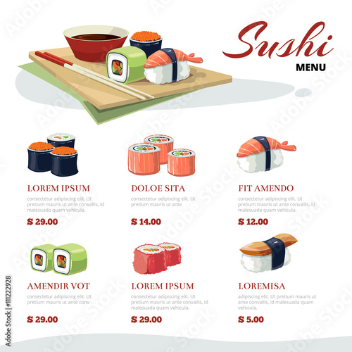 Sushi rolls flat food. Asia cuisine menu