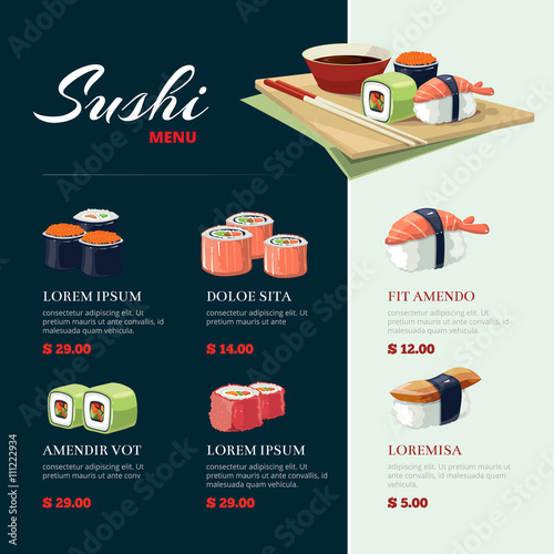 Sushi rolls flat food. Asia cuisine menu