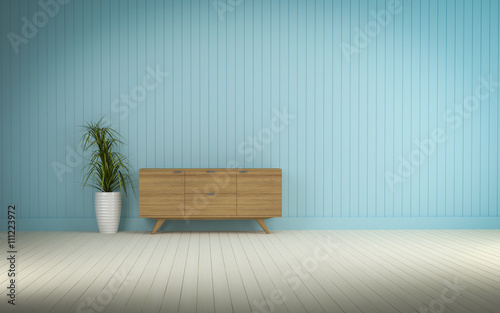 Fototapeta Naklejka Na Ścianę i Meble -  wood cabinet in blue wall living room 3d rendering..