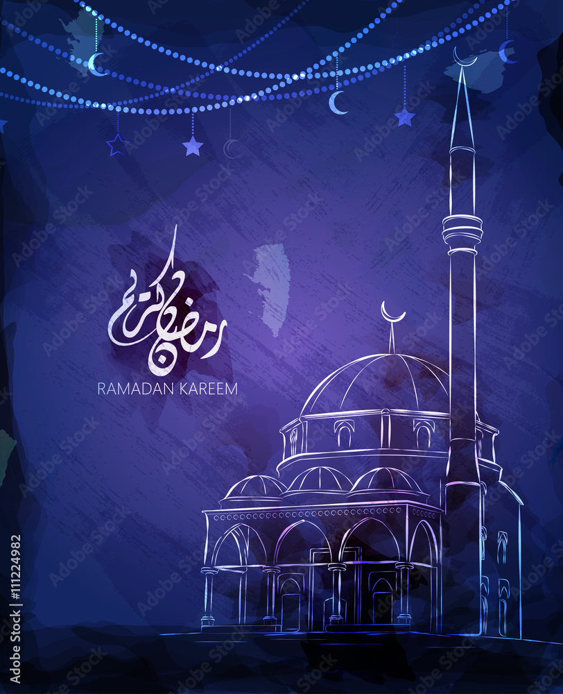 Fototapeta premium Illustration of Ramadan kareem and Ramadane mubarak. beautiful watercolor of Mosque and arabic islamic calligraphy.traditional greeting card wishes holy month moubarak and karim for muslim and arabic