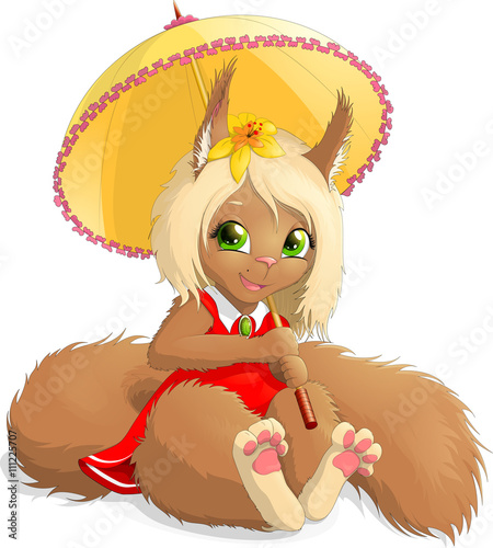 Pretty squirrel-girl with a yellow umbrella in a red dress