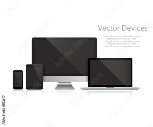 Set of realistic computer monitors, laptops, tablets and mobile phones. Electronic gadgets, isolated, on white background