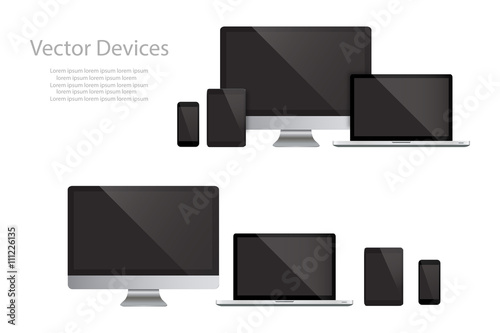Set of realistic computer monitors, laptops, tablets and mobile phones. Electronic gadgets, isolated, on white background