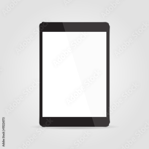 Realistic black tablet with blank screen isolated on white background. Vector illustration