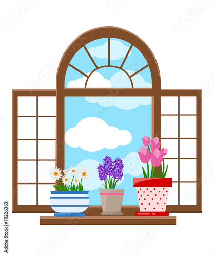 Window in the flat style Vector flat windows with landscape. Town and skyscraper, forest