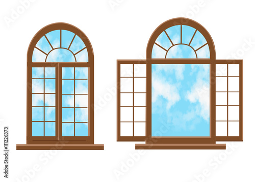 Window in the flat style Vector flat windows with landscape. Town and skyscraper, forest