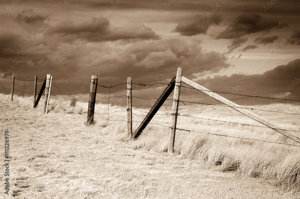 Dramatic sky on rural grasslands, Colorado, United States, sepia version - obrazy, fototapety, plakaty 
