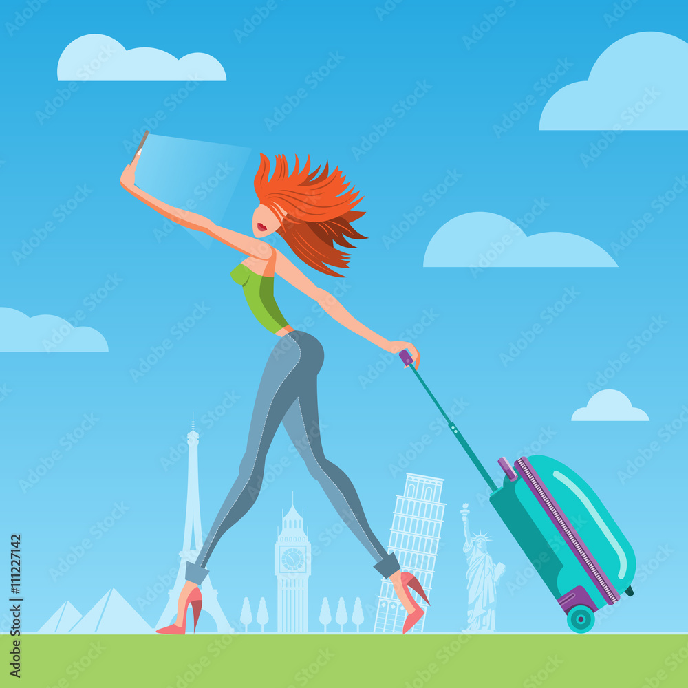 Fototapeta premium Woman traveler with a suitcase