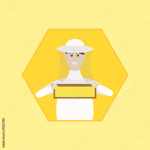 Vector illustration of a beekeeper with a honeycomb frame.