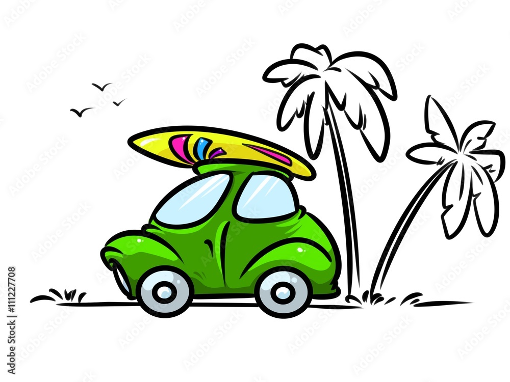 Car beach  surfing travel cartoon illustration
