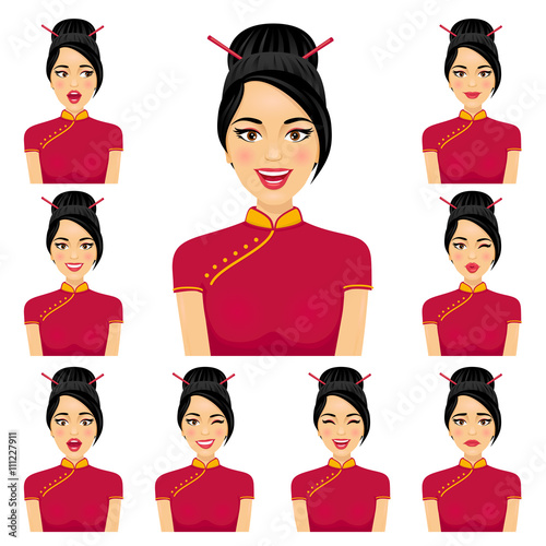 Attractive asian woman with nine variors facial expressions. Vector cartoon avatar icon set on white background.