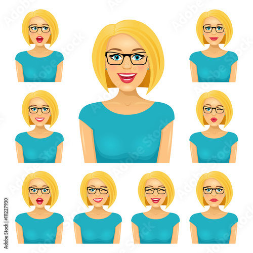 Attractive blond woman in glasses with nine different facial exppressions.