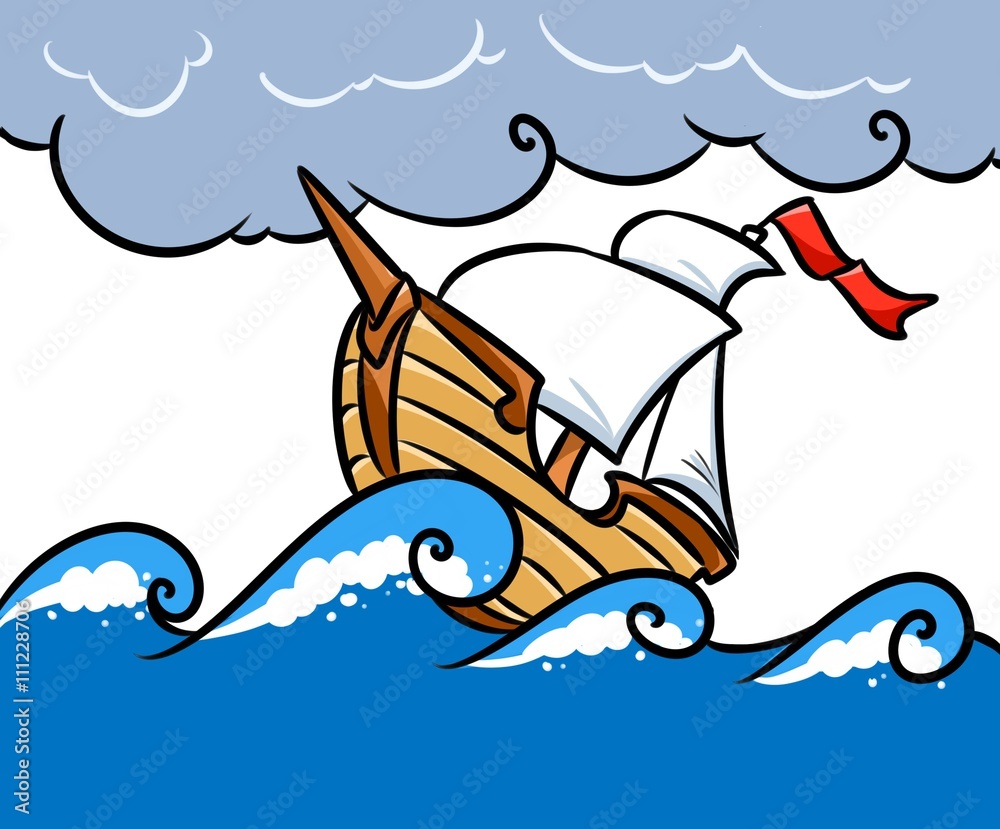 Storm ship sea cartoon illustration Stock Illustration | Adobe Stock