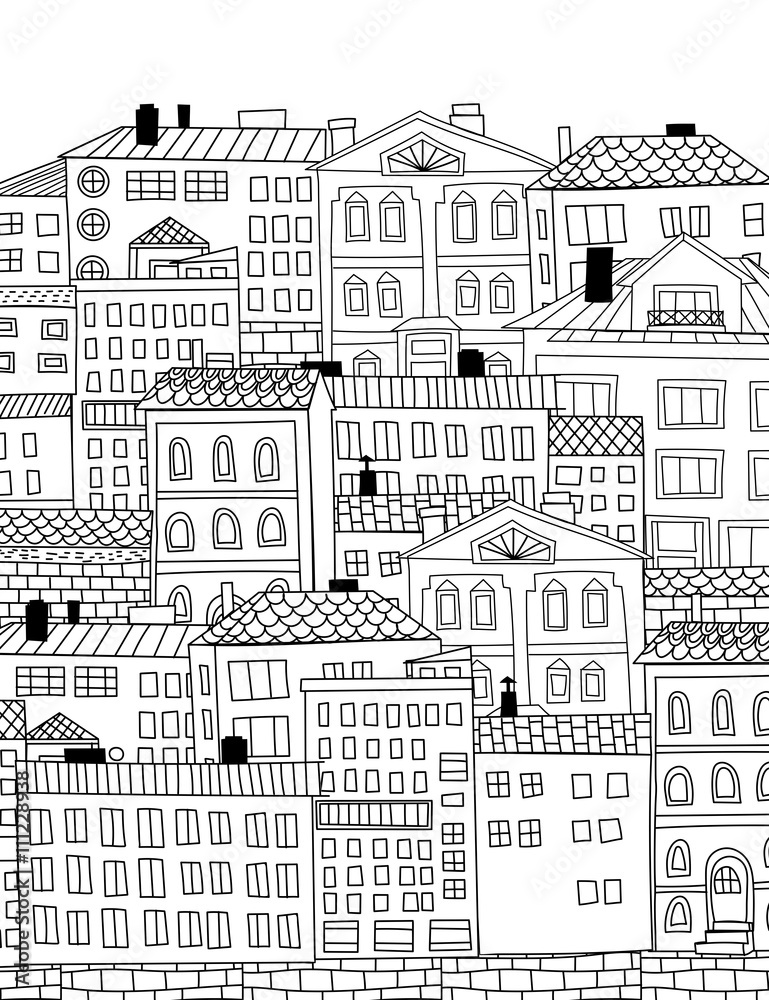 Fototapeta premium Hand dawn houses and buildings. Doodle town illustration.