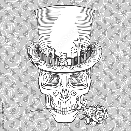 human skull in a top hat, baron samedi