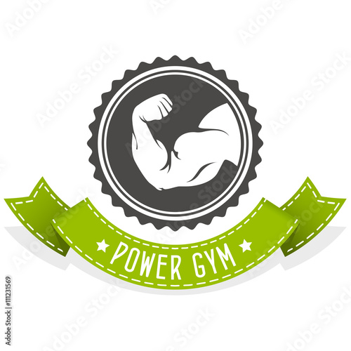 Fitness and bodybuilding emblem with muscleman hand
