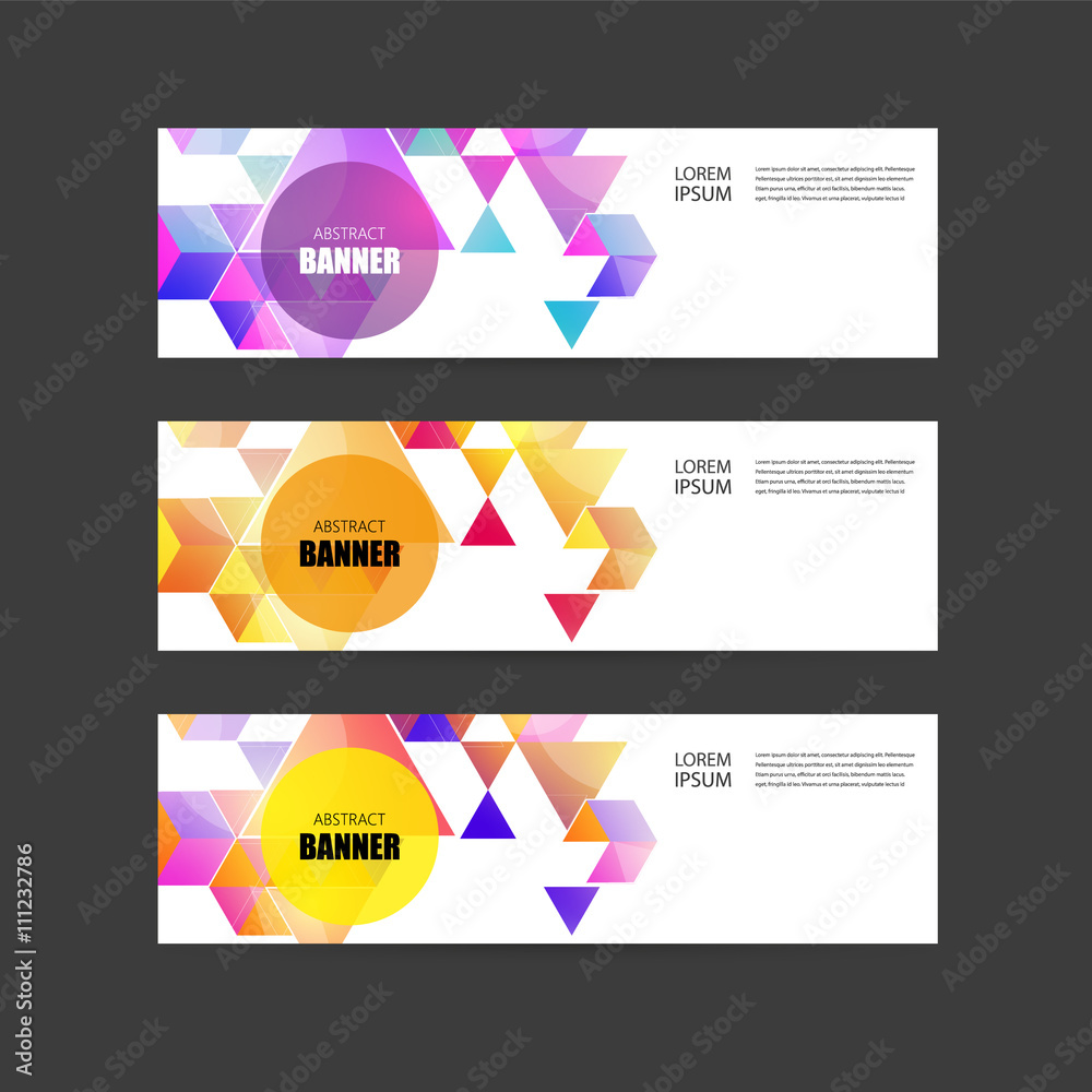 Vector banners with abstract multicolored polygonal mosaic background. Modern geometric triangular pattern. Business design template. Purple blue pink and orange colors