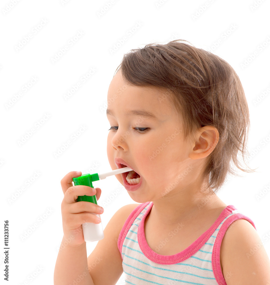Little sick girl used medical spray for breath Little sick girl used medical spray for breath