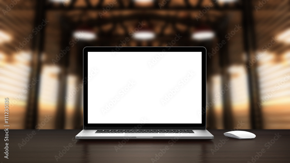 Laptop and mouse with blank screen in the interior vintage warehouse. Template, mockup. Laptop and mouse with blank screen in the interior vintage warehouse. Template, mockup.