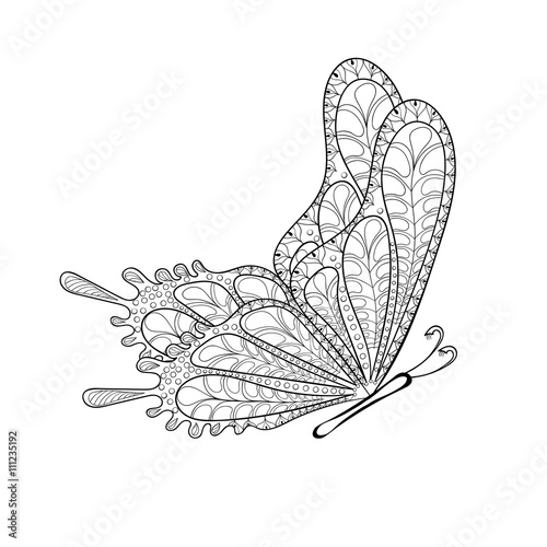 Hand drawn zentangle tribal flying butterfly for adult anti stre